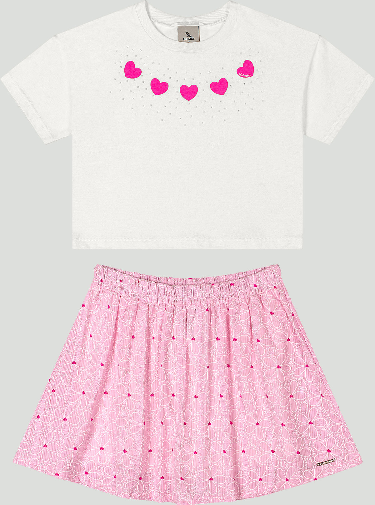 Set conjunto camisa blanca falda short rosada corazones rosados niña Quimby 35200-000106