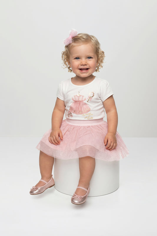 Set conjunto camisa blanca falda short rosada tutu niña Quimby 35238-000106