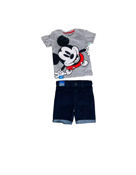Set 2 piezas Mickey camisa gris short jean bebe niño d9-mk-1303b