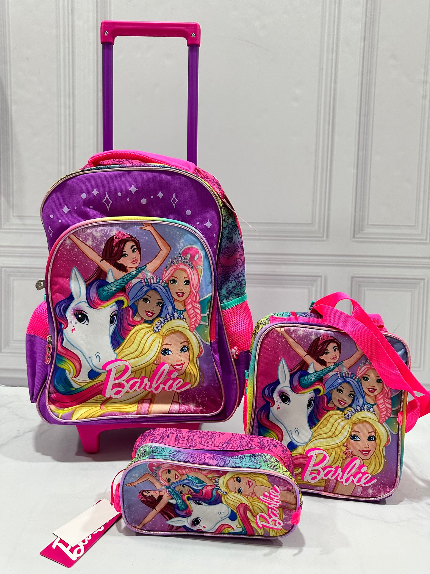 Mochila barbie con ruedas, Lonchera y cartuchera