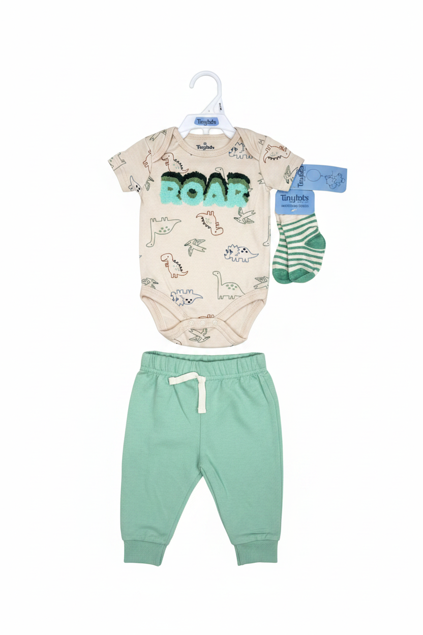 Set 3 piezas mameluco dinosaurio beige pantalon verde calcetines bebe niño Tinytots B148J102GB
