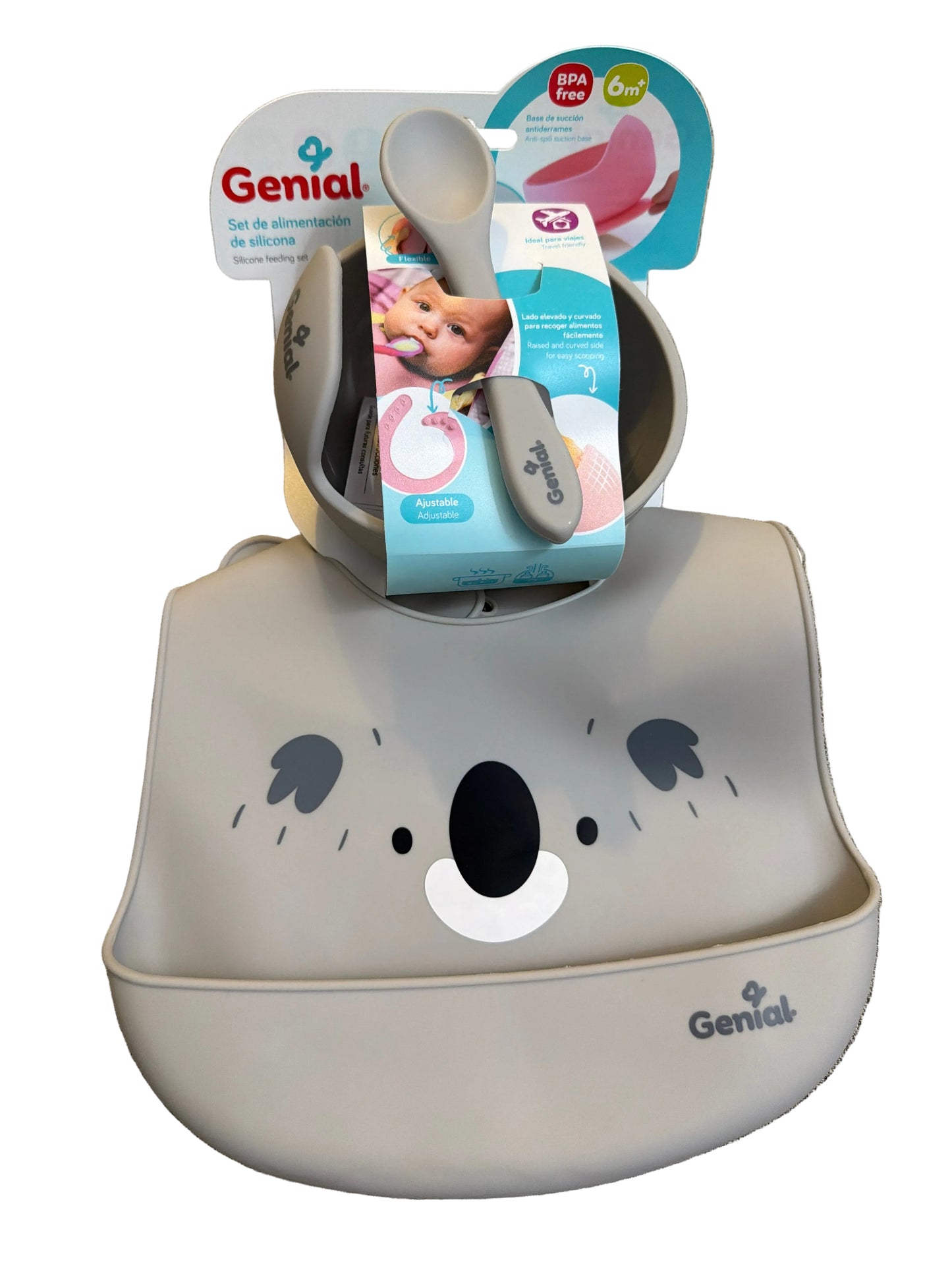 Set 3 piezas alimentacion silicona Genial Gris bebe niño