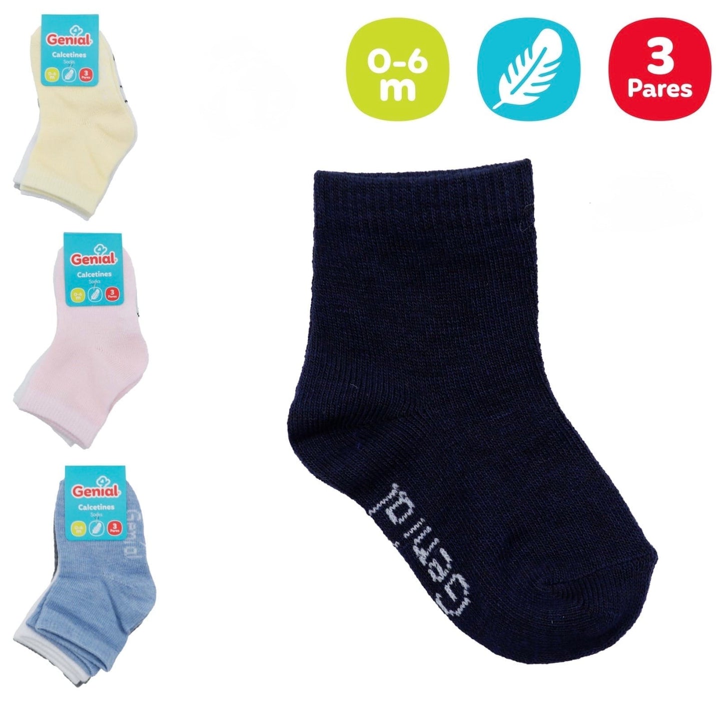 Set 3 calcetines Genial NB 0-6m Niño Azul Blanco Gris