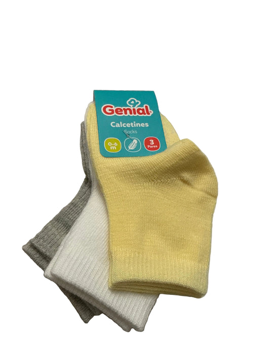 Set 3 calcetines Genial NB 0-6m Niño Niña Amarillo Blanco Gris