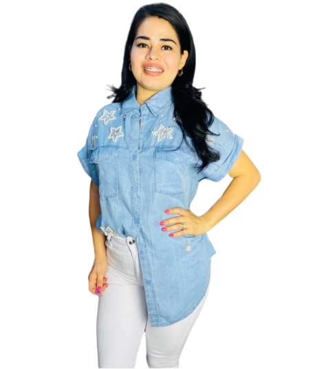 Camisa Blusa Dama azul jean claro estrellas CTD1188-3 590490