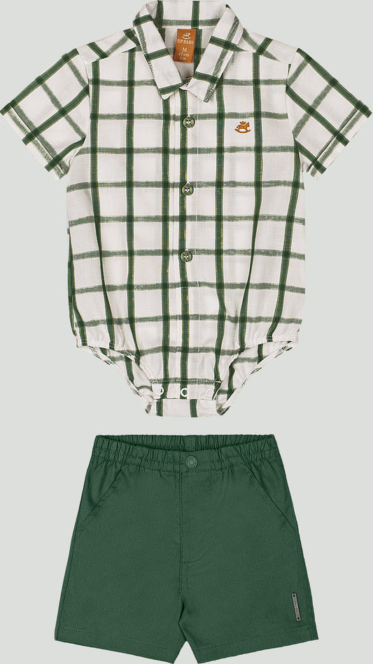 Set conjunto camisa mameluco rayas cuadros blanco short verde Up Baby 46974-190315