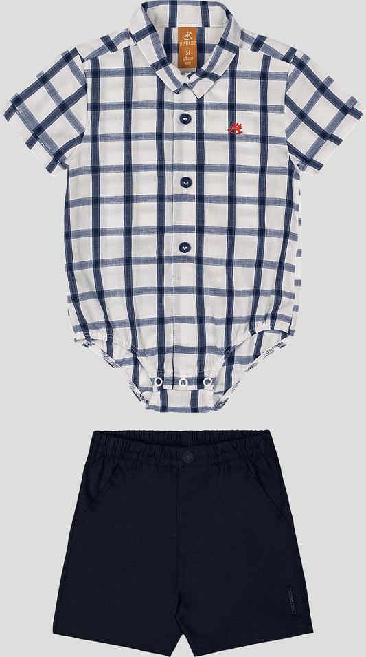 Set conjunto camisa rayas cuadros mameluco blanco short azul Up Baby 46974-193921