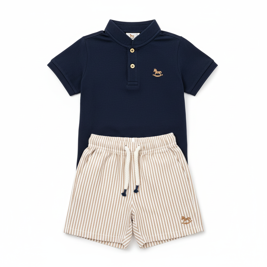 Set conjunto camisa azul henley short rayas beige bebe niño Up Baby 46977-193921