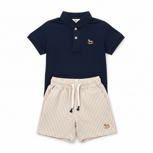 Set conjunto camisa azul henley short rayas beige bebe niño Up Baby 46977-193921