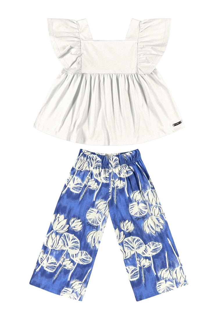 Set 2 piezas quimbykids pantalon azul flores camisa blanca 34188-000106 flores revuelos pantaloneta