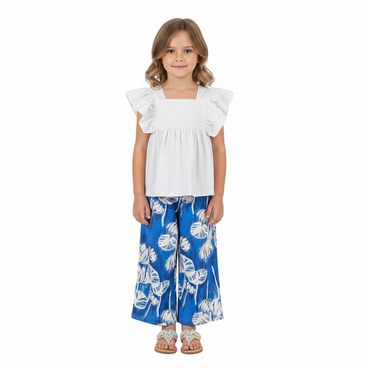 Set 2 piezas niña  quimby pantaloneta azul flores camisa blanca 34188-000106 revuelos