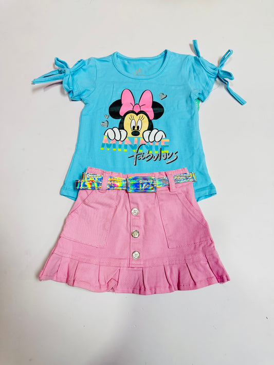Set conjunto 2 piezas camisa azul cielo short rosado Minnie niña D9-MI-1268B