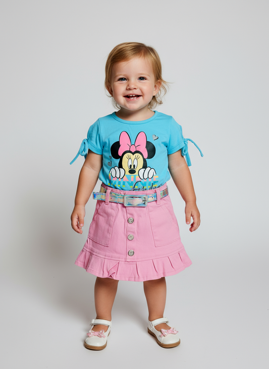 Set conjunto 2 piezas camisa azul cielo short rosado Minnie bebe niña D9-MI-1268B promo 2x1000