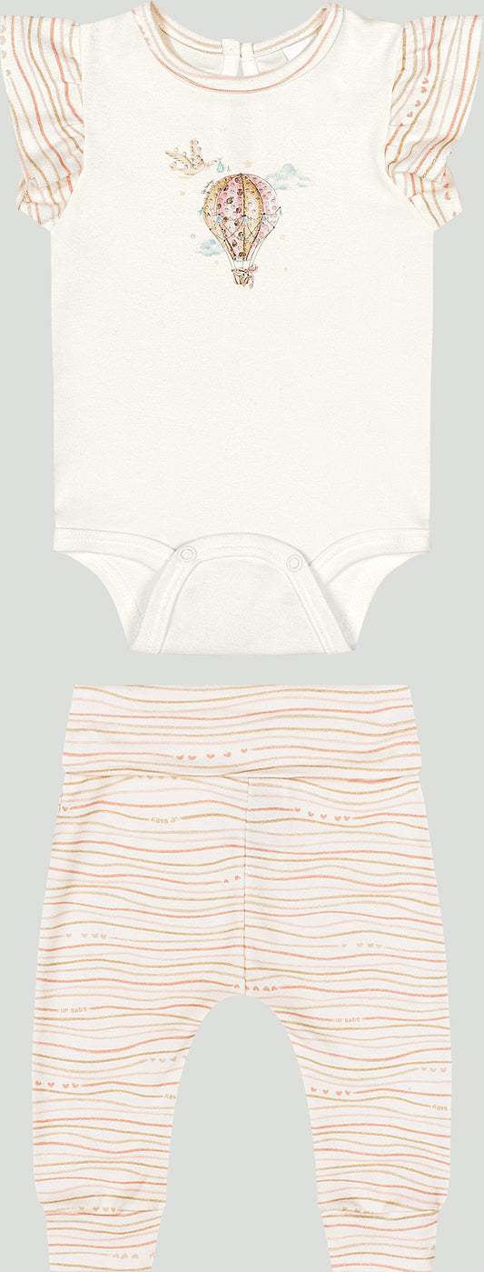 Set conjunto 2 piezas camisa mameluco blanco pantalón beige bebe niña Up Baby 470001-000106 salida hospital