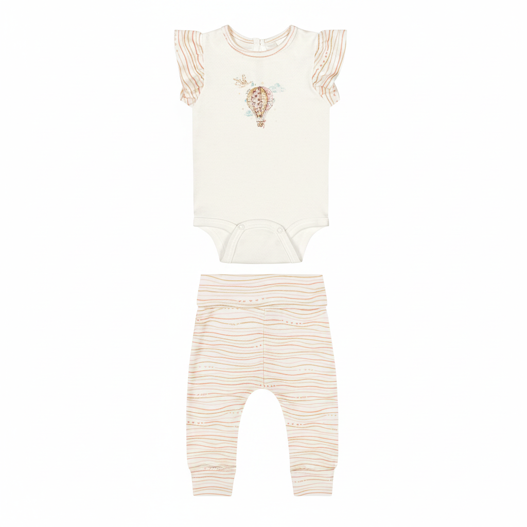 Set conjunto 2 piezas camisa mameluco blanco pantalón beige bebe niña Up Baby 470001-000106 salida hospital