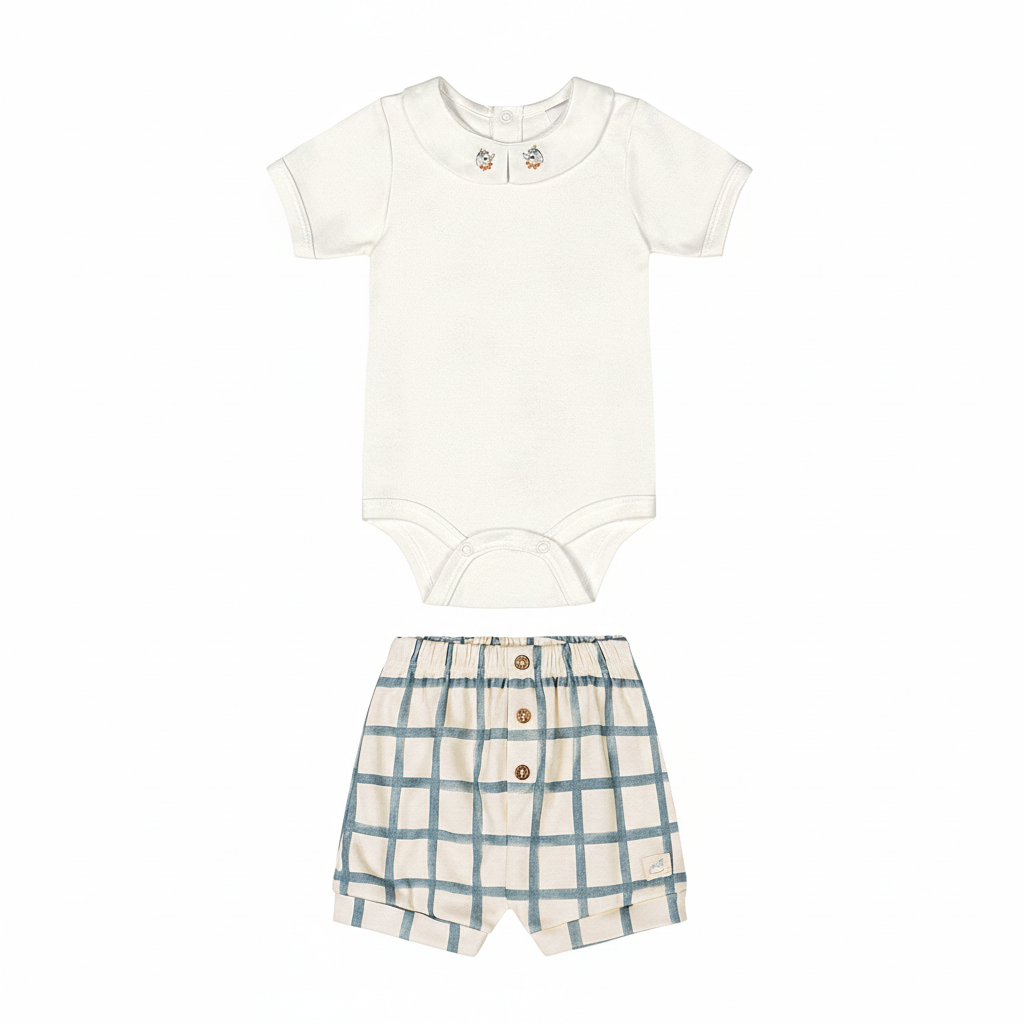 Set conjunto mameluco blanco short cuadros verde beige bebe niño Up Baby 47018-000106  español