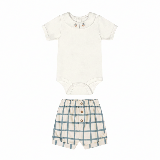 Set conjunto mameluco blanco short cuadros verde beige bebe niño Up Baby 47018-000106  español