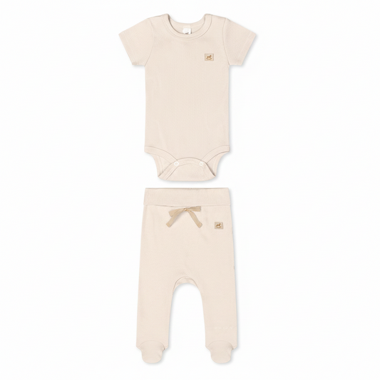 Set conjunto 2 piezas mameluco pantalón beige bebe niña Up Baby 47131-120304 salida hospital