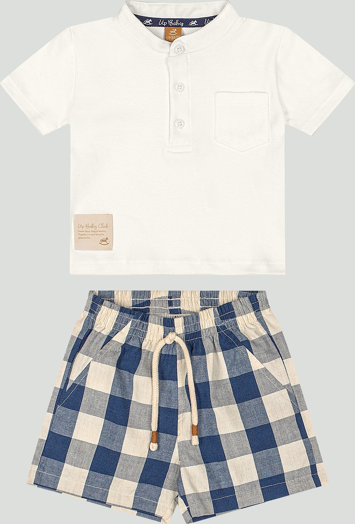 Set conjunto  camisa blanca henley short azul cuadros bebe niño Up Baby 47175-000106