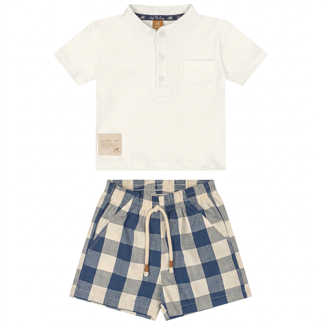 Set conjunto  camisa blanca henley short azul cuadros bebe niño Up Baby 47175-000106