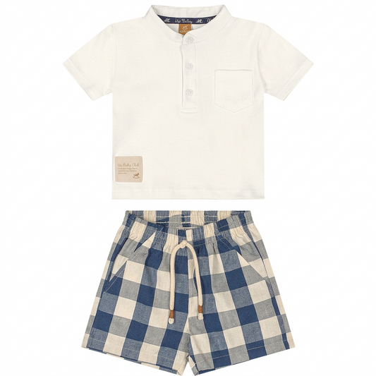 Set conjunto  camisa blanca henley short azul cuadros bebe niño Up Baby 47175-000106