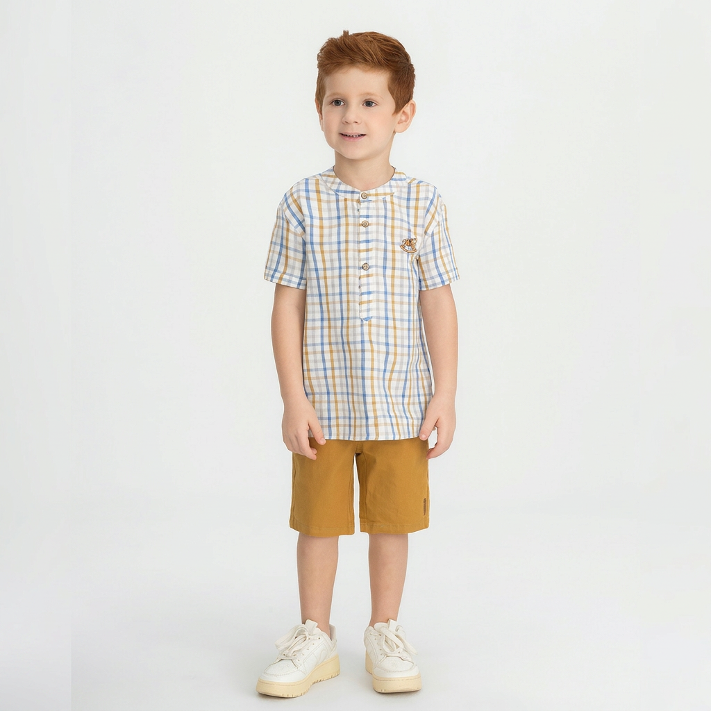 Set conjunto camisa formal cuadros rayas azul short cafe niño Up Baby 47235-174139