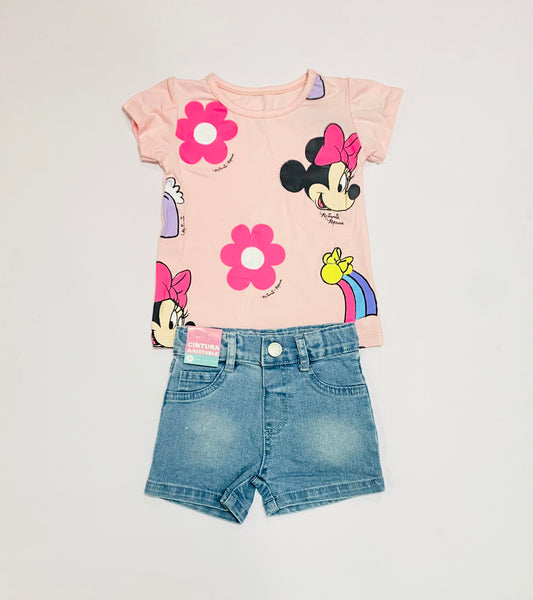 Set conjunto 2 piezas camisa rosada short azul claro Minnie niña Disney D9-MI-1396B