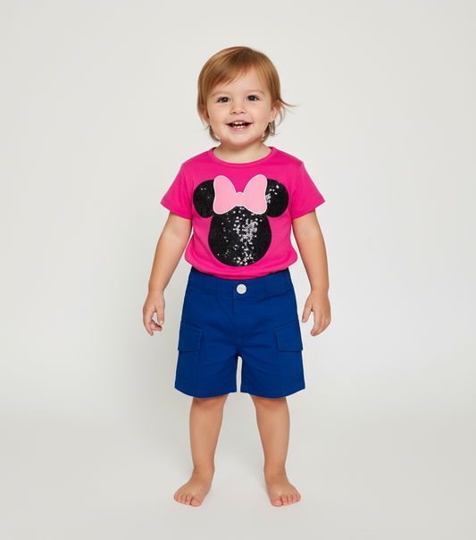 Set conjunto 2 piezas Minnie bebe niña camisa rosada short azul oscuro D9-MI-1297B promo 2x1000