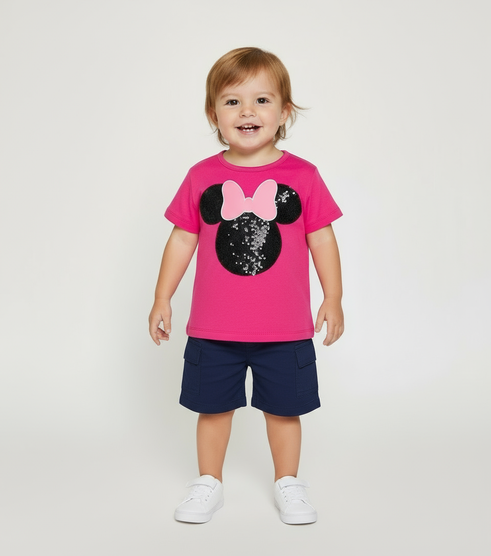 Set conjunto 2 piezas Minnie bebe niña camisa rosada short azul oscuro D9-MI-1297B promo 2x1000