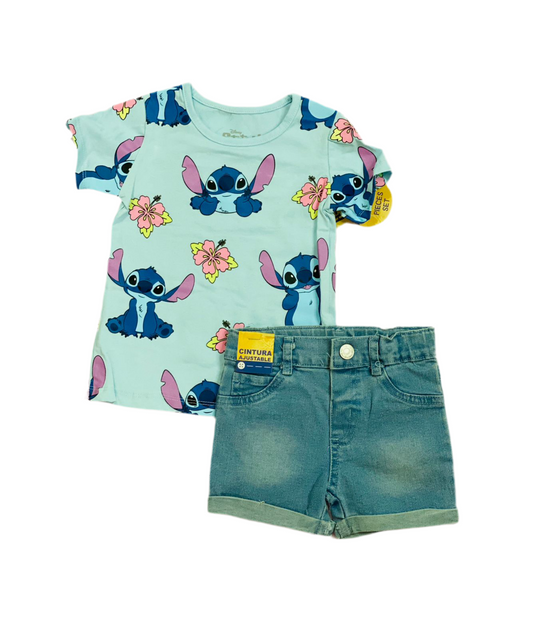 Set Conjunto short jean para bebé niña Stitch azul celeste D9-STI-178B