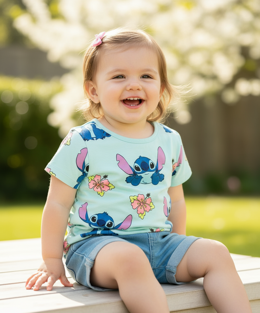 Set Conjunto short jean para bebé niña Stitch azul celeste D9-STI-178B