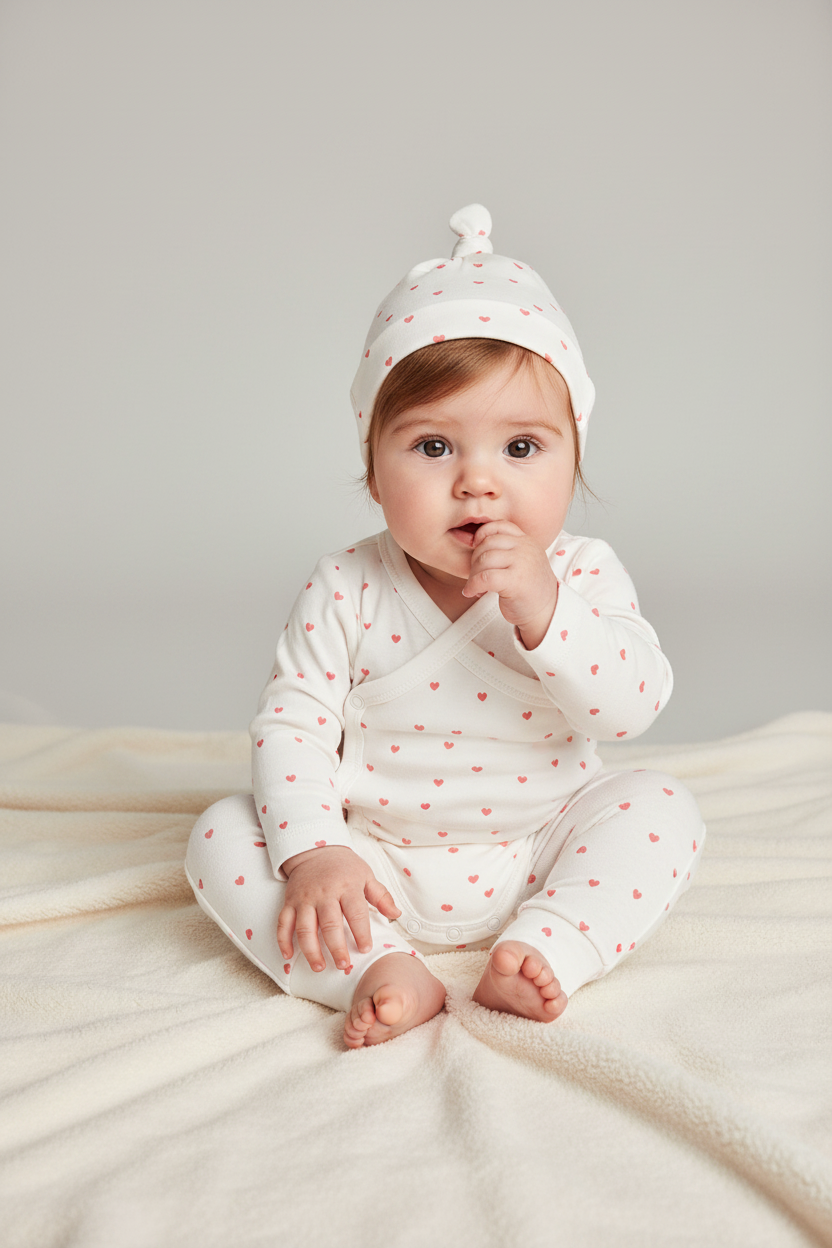 Set 3 piezas mameluco gorro pantalon blanco corazones H&M 1321310001 salida hospital