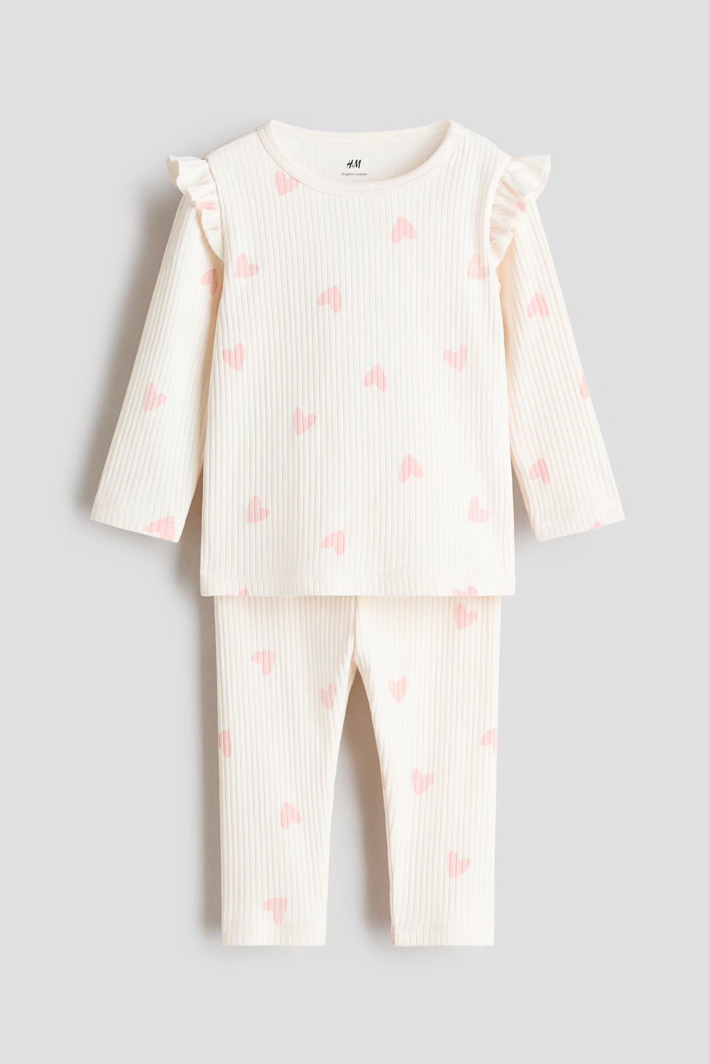 Set conjunto 2 piezas pijama camisa corazones pantalon beige bebe niña H&M 0867135148003