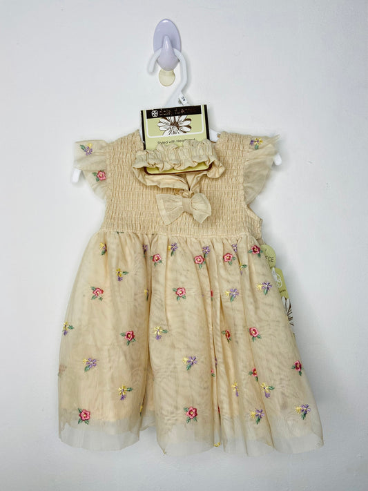 Vestido beige flores tutu bebe niña