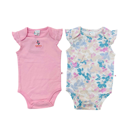 Set 2 piezas mamelucos bebe niña flores rosadas azul Kobytin