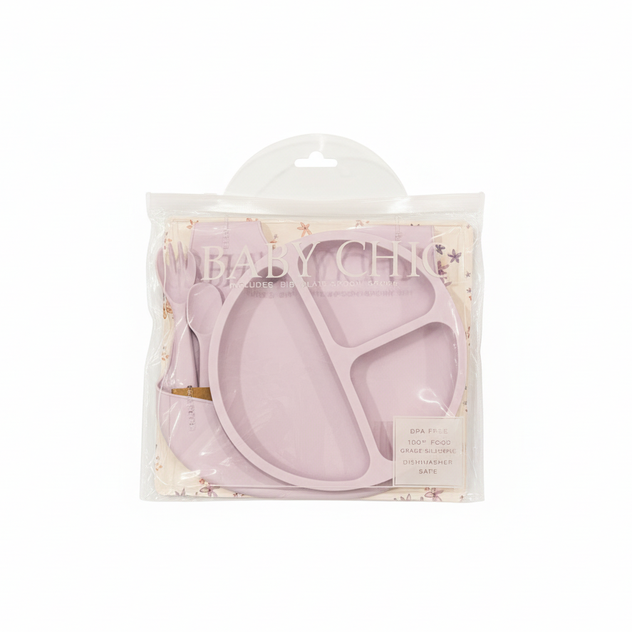Set 4 piezas alimentación plato cuchara tenedor babero silicon morado bebe niña