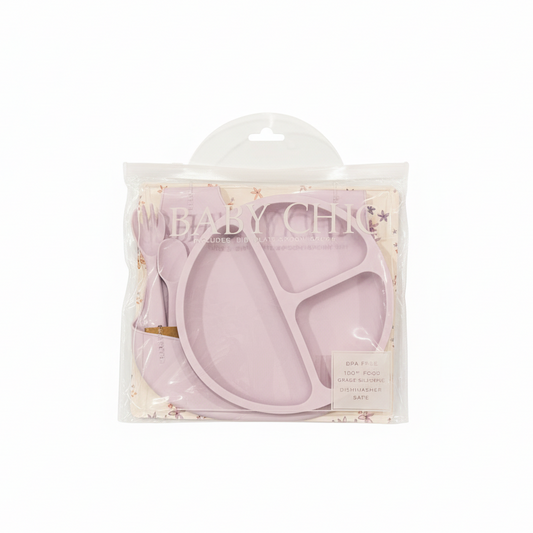 Set 4 piezas alimentación plato cuchara tenedor babero silicon morado bebe niña