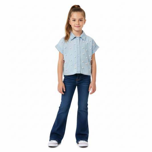 Camisa niña Jeans Azul Claro perlas Chic Mi CTG1188-25 490390 promo