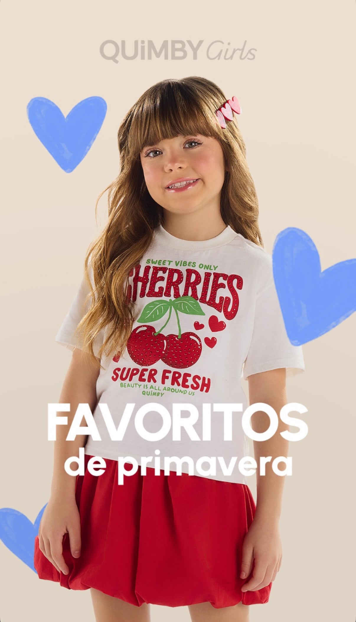 Set conjunto 2 piezas cereza camisa blanca falda roja niña Quimby 34544-000106