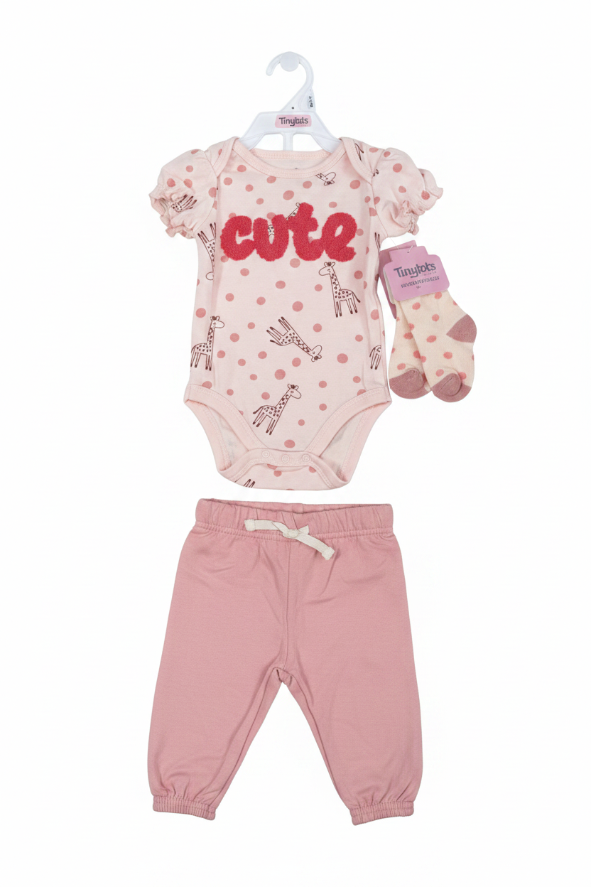 Set 3 piezas mameluco pantalon calcetines bebe niña rosado cute Tinytots B148J201GB