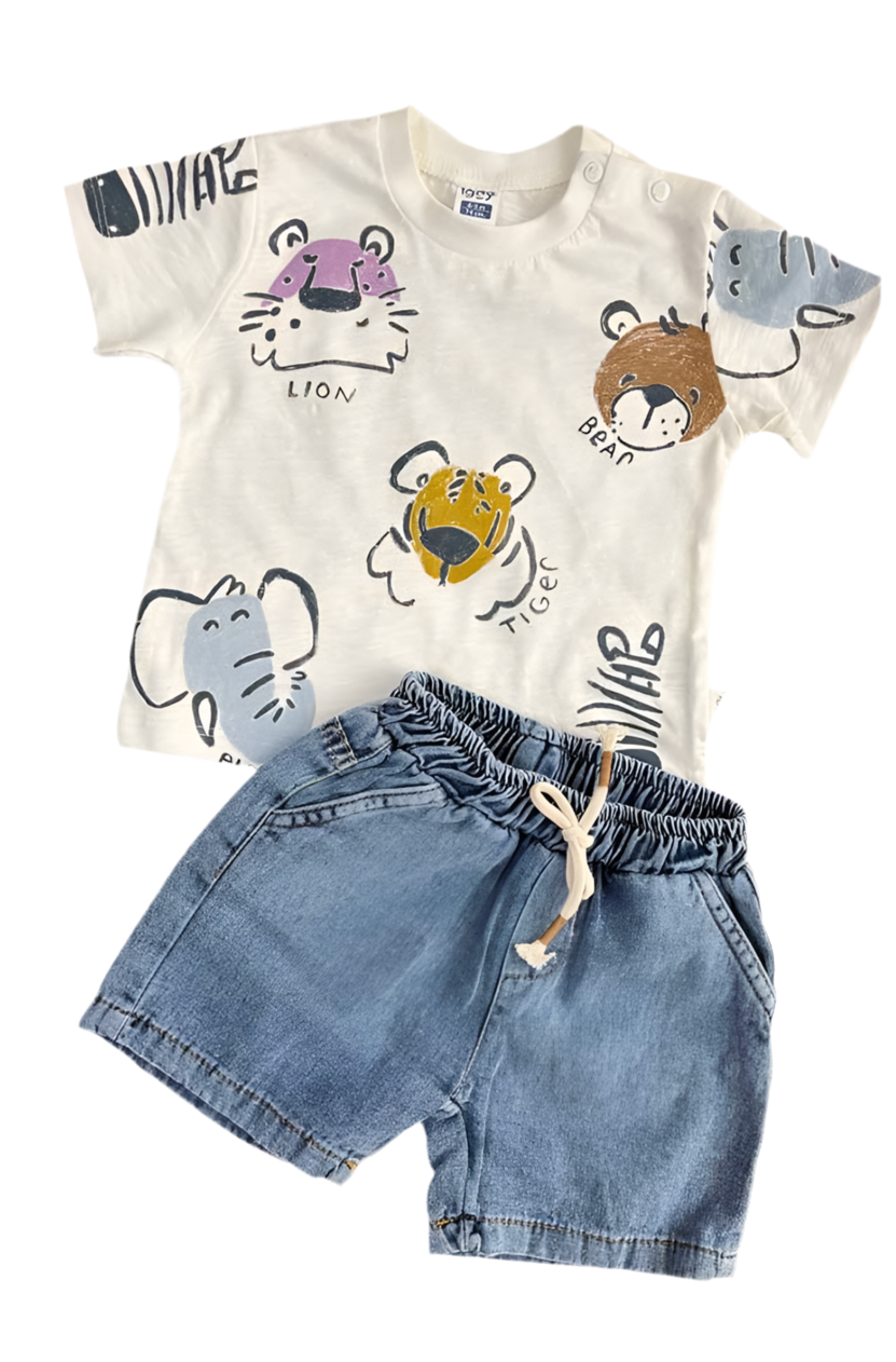 Set conjunto 2 piezas camisa blanca animales short azul bebe niño Tinytots 3357