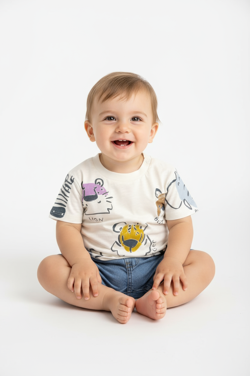 Set conjunto 2 piezas camisa blanca animales short azul bebe niño Tinytots 3357