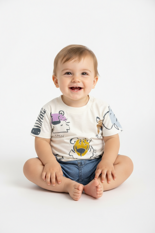 Set conjunto 2 piezas camisa blanca animales short azul bebe niño Tinytots 3357