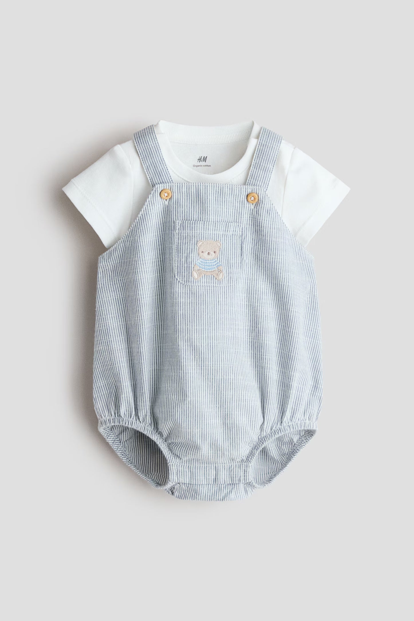 Set conjunto 2 piezas mameluco blanco overall azul bebe niño H&M 1331871001