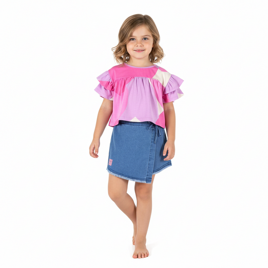 Set 2 piezas niña quimby falda short jeans camisa rosada 34167-AB2154