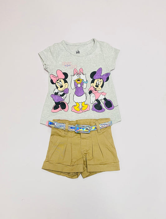 Set conjunto 2 piezas niña minnie camisa gris short beige D9-MI-1266B