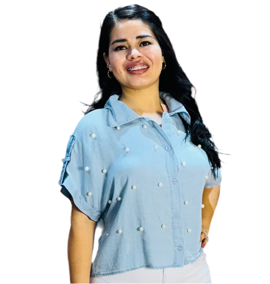 Camisa blusa dama azul jeans claro perlas CTD1188-7 590490