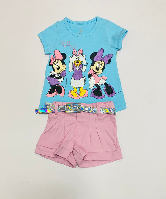 Set conjunto 2 piezas niña minnie camisa azul short rosado D9-MI-1266B