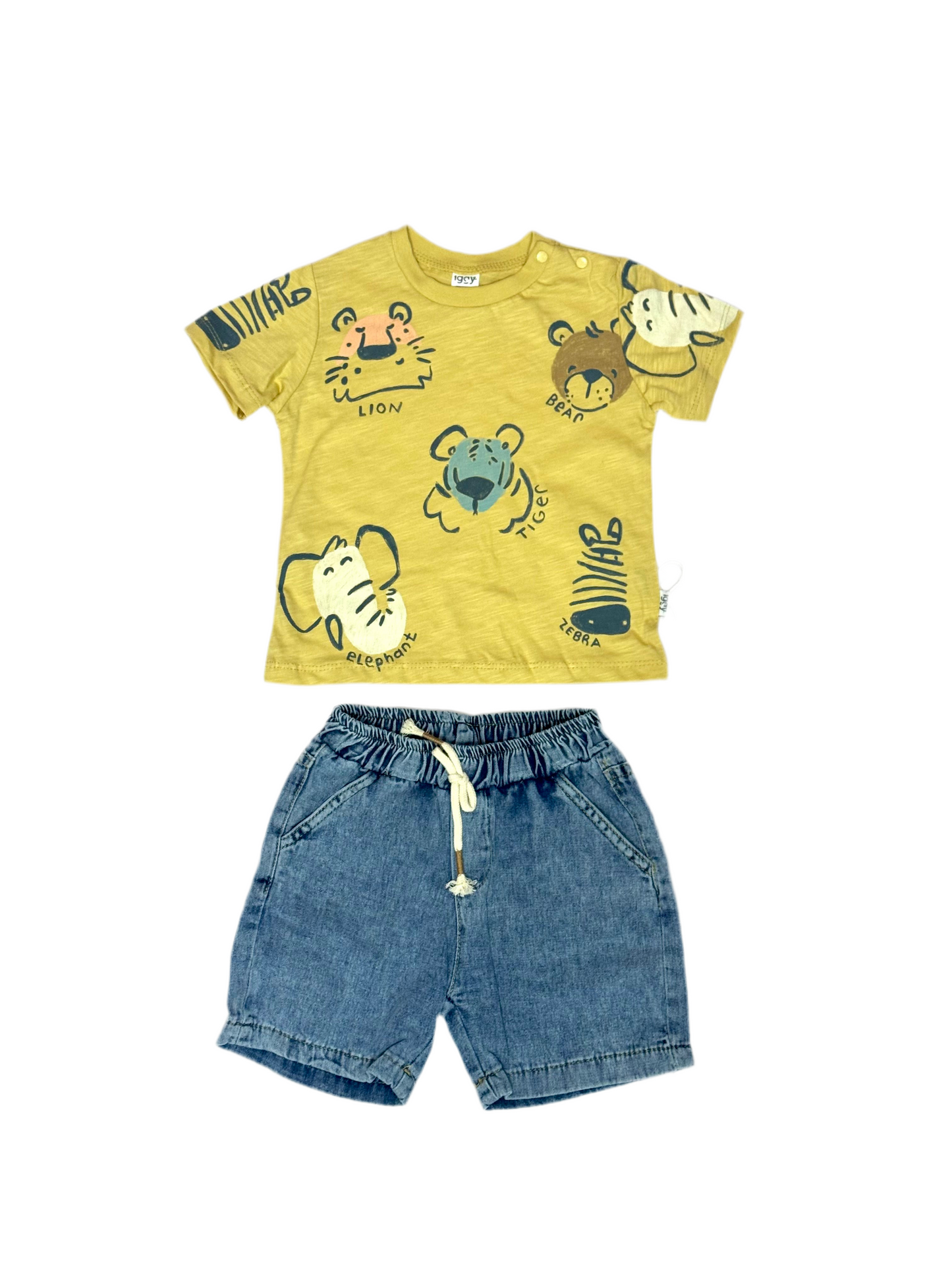 Set conjunto 2 piezas camisa amarilla animales short azul bebe niño Tinytots 3357