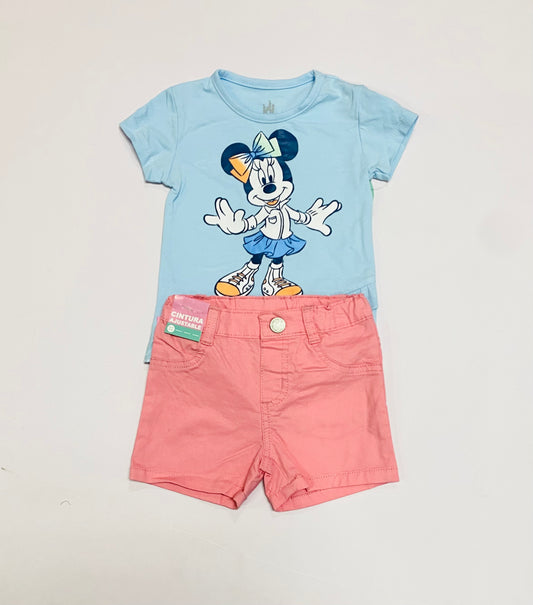 Set conjunto 2 piezas camisa azul cielo short rosado Minnie niña D9-MI-1312B